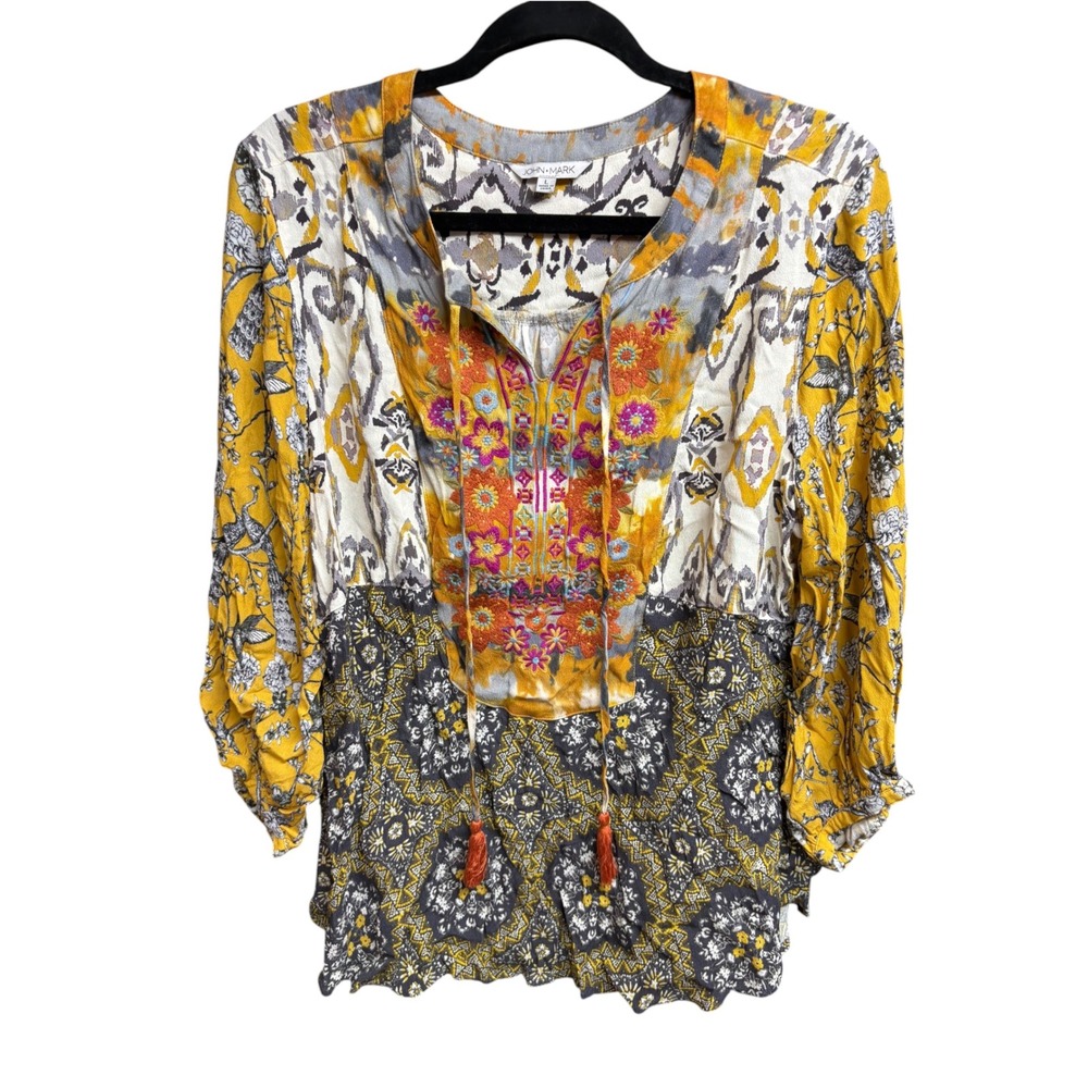 John Mark Embroidered Boho Peasant Blouse Mixed Print Tassel Top Yellow Grey L